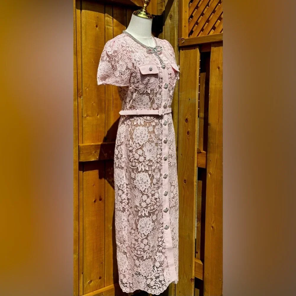 🆕 SELF-PORTRAIT 🧿 BNWOT Pink Lace Diamante Bow Midi Dress, Sz US 4 / UK 8 - Picture 11 of 16